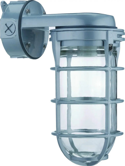 Jelly Jar Vapor Tight Wall Light Fixture With Prismatic Glass, Industrial Style Utility Sconce, gray weatherproof finish, side view