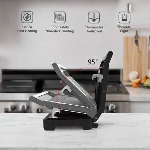 Multi Purpose Compact Contact Grill Sandwich Maker Panini Press With Floating Hinge Non Stick Plates showing adjustable hinge at 95 degrees.