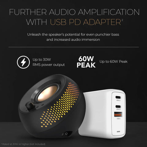 Pebble X Plus 2.1 Channel USB Type-C Desktop Computer Speakers with USB PD adapter in black featuring audio amplification.