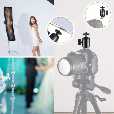 Two Pack Universal One Quarter Inch Swivel Mini Ball Head Tripod Mounts With Three Eighths Inch Converter And Removable Quarter Inch Hot Shoe on DSLR tripod