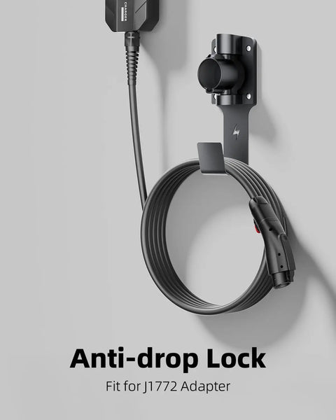 EV Charger Holder With 180 Degree Rotating Nozzle Dock, Heavy Duty Metal J Hook Wall Mount For SAE J1772 Charger, Cable Organizer And Charging Cable Dock mounted on wall with charging cable looped.