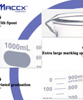 Close-up of 34oz 1000ml Glass Beaker Set Pack of 2 Built To Last Heavy Duty 3.3 Borosilicate Low Form Lab Beakers With Printed Graduation Blue For Everyday Lab Use ASTM E960 Type I Compliance showcasing spout, marking spot, and graduation.