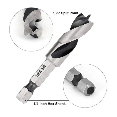Heavy Duty Brad Point Stubby Drill Bit Set For Woodworking With 6 Pack Hss 4241 Steel Quick Change Hex Shank Boring Tools. 135° split point.