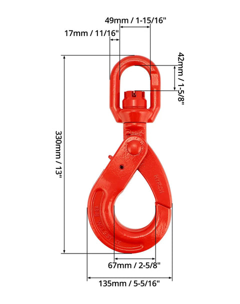 Dead Serious Heavy Duty Grade 80 Swivel Self Locking Hoist Hook with dimensions 135mm, red drop forged steel for rigging jobs.