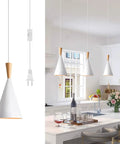 White Plug In Pendant Light Dope Cone Farmhouse Style for kitchen island bar, industrial pendant lamp with plug in cord and adjustable hanging.