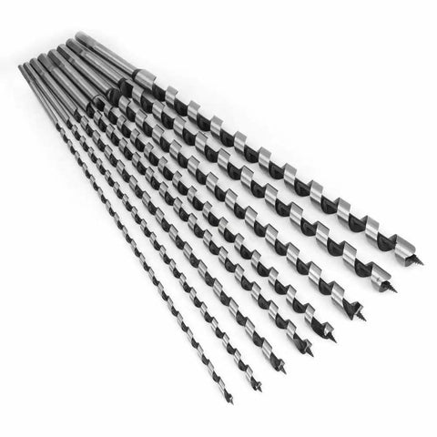 8 Pc Extra Long Auger Drill Bit Set With Rugged 24 Inch Wood Boring Bits And Sturdy Timber Case For Deep Hole Drilling Jobsite Hard Core Tasks Built Tough As Nails And Ready To Handle Business On Any Pro Woodworking Job Site Today, showcasing various lengths of steel auger drill bits.