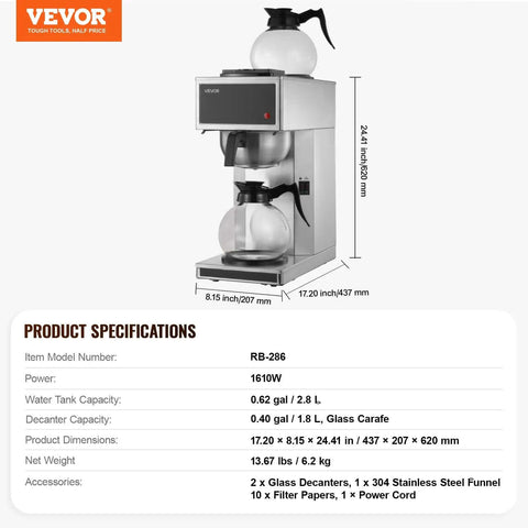 Commercial Drip Coffee Maker built for busy kitchens with 12 cup capacity, dual warmer plates, and two glass carafes.