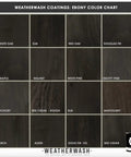 Ebony color chart showing wood samples and finishes for Straight Up True Ebony Aging Wood Stain For Bare Interior Wood Projects.