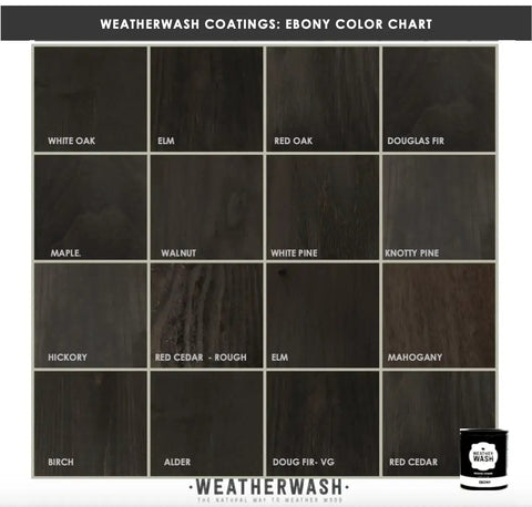 Ebony color chart showing wood samples and finishes for Straight Up True Ebony Aging Wood Stain For Bare Interior Wood Projects.