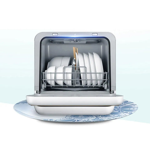 Hassle Free Plug And Play Slick Countertop Dishwasher Fully Automatic Mini Desktop Cleaner with plates in view