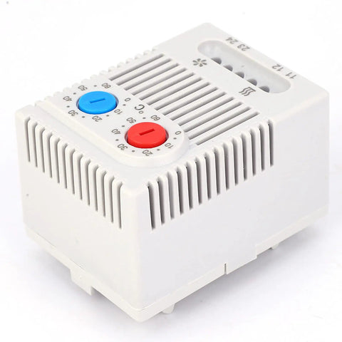 Front view of Adjustable Mechanical Thermostat Switch for Industrial Use, built tough with impact resistant housing, 35mm DIN rail mount.