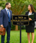 Heavy Duty No Soliciting Yard Sign With 37 Inch Adjustable Stake For Home And Biz 14 By 10 Inch Aluminum Sign 40 Mil Thick Outdoor Weatherproof Metal Sign With UV Ink And Tool Free Assembly displayed in yard