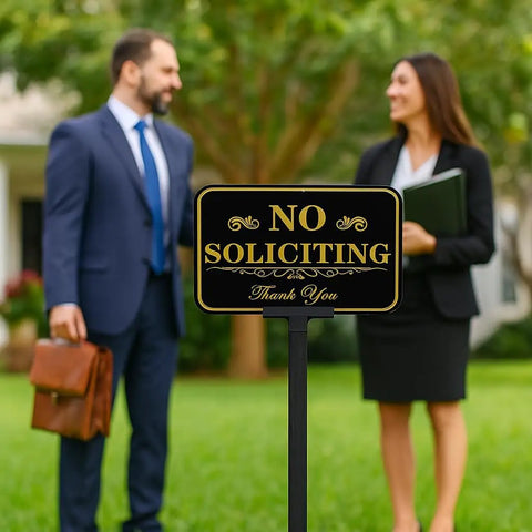Heavy Duty No Soliciting Yard Sign With 37 Inch Adjustable Stake For Home And Biz 14 By 10 Inch Aluminum Sign 40 Mil Thick Outdoor Weatherproof Metal Sign With UV Ink And Tool Free Assembly displayed in yard
