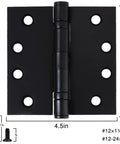 Rock Solid Heavy Duty Matte Black Square Door Hinges Four Point Five Inch Ball Bearing Design with screws for installation.