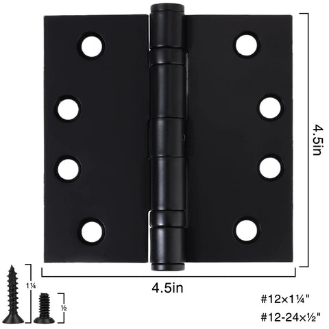 Rock Solid Heavy Duty Matte Black Square Door Hinges Four Point Five Inch Ball Bearing Design with screws for installation.