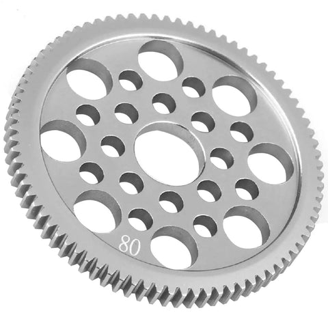 Beefed Up Aluminum 48P Spur Gear 80T For 1 To 10 RC Drift Cars 7075 Alloy Upgrade. Close-up of metal gear with 80 teeth and holes.