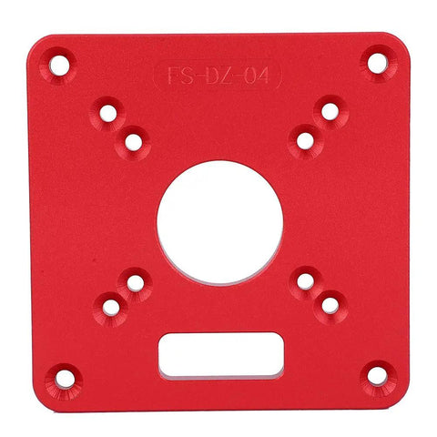 Top Shelf Aluminum 6061 Router Table Insert Plate With Rock Solid Hard Anodized Finish And Precision Center Bushing, red square shape.
