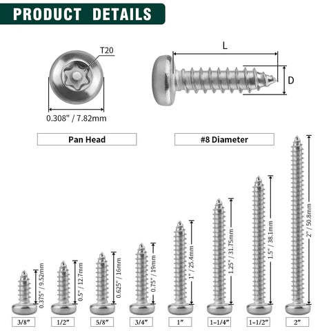 Dead Set Solid 304 Stainless Steel Security Screws In A Bulk Pack Of One Hundred Pieces With Tamper Proof Pin In Star Drive, displayed sizes.
