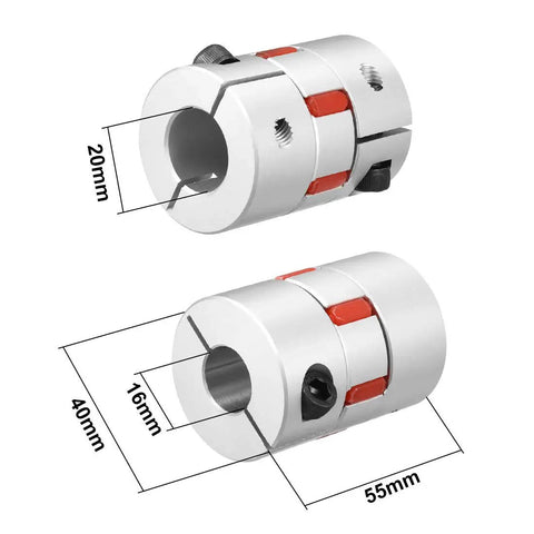 Beefy Flexible Shaft Coupling 16mm To 20mm Bore For Servo And Stepper Motors, 55mm Length, 40mm Diameter, Vibration Damping And Misalignment Tolerance, Heavy Duty Power Transmission Joint shown with 16mm and 20mm bores