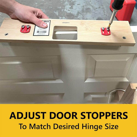 Using 4 Inch Hinge Mortising Template With One Quarter Inch Radius Corners for Doors on wooden door.