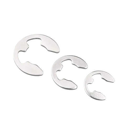 Stainless Steel E Clip Retaining Ring Kit For Shafts M1 2 To M10 20 Pc Circlip Washer Set showing three different sizes on white background