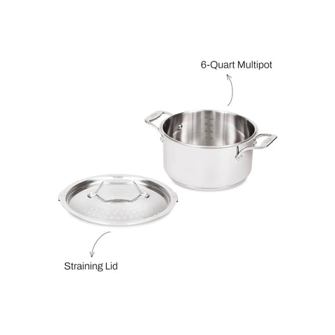 Six-Quart Stainless Steel Multipot With Built-In Straining Lid For No Fuss Cooking Induction Ready And Oven Safe To 600F pot and lid