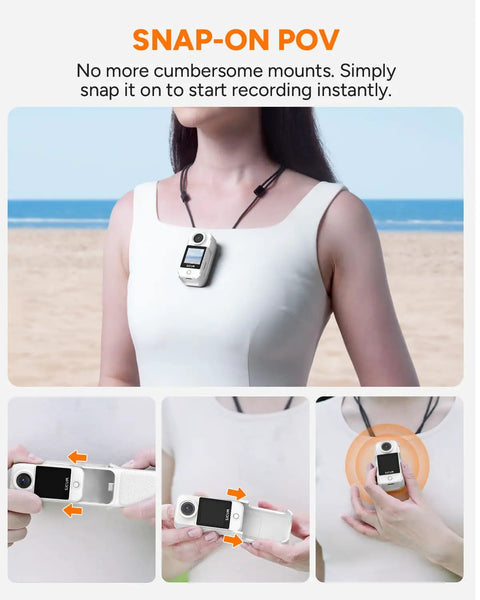 Woman wearing C400 Vlogging Camera For YouTube And Social Vlogs, 4K Ultra HD Image Quality, 64GB Storage, 7H Battery Life, 6-Axis Stabilization