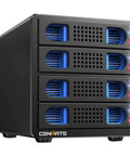 Super Solid Four Bay Hard Drive Enclosure With Built In Cooling Fan For 2.5 And 3.5 Inch Sata Ssd Or Hdd, showing four drive bays with blue cooling ventilation.