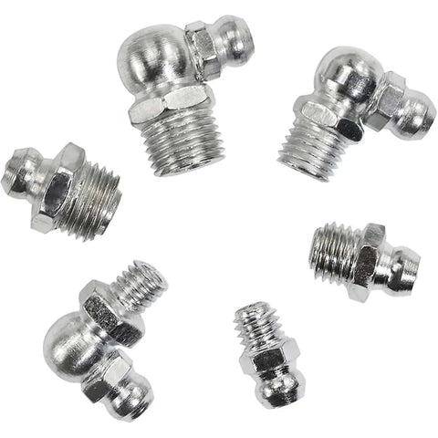 Assorted steel grease fittings from Beefed-Up Steel Grease Fittings Kit, 115-Piece Zerk Nipple Assortment With Straight, 90-Degree And 45-Degree Angles