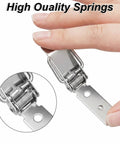 Close-up of fingers holding 4 Pack Small Spring Loaded Toggle Latch With 20 Screws Stainless Steel Silver Finish showing high-quality springs