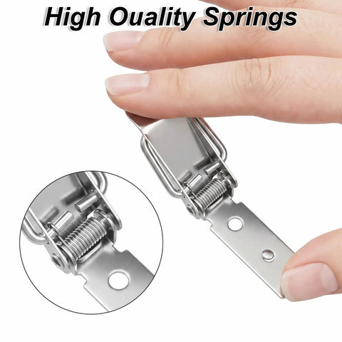 Close-up of fingers holding 4 Pack Small Spring Loaded Toggle Latch With 20 Screws Stainless Steel Silver Finish showing high-quality springs