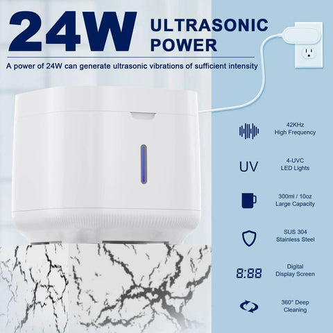 Pro Grade Ultrasonic Retainer Cleaner Machine for Dental Appliances, 300ml SUS 304 tank, 24W with UV light