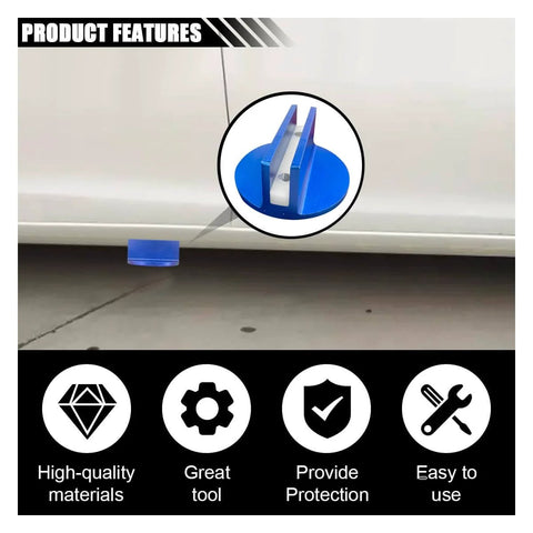 Image showing a blue Magnetic Jack Pad 0.37 Inch Slotted Aluminum Grooved Jack Puck Pinch Weld Frame Rail Adapter installed under a car.