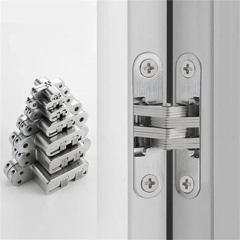 2 Pack Concealed Door Hinges 304 Stainless Steel Invisible Cabinet Hardware Rust Resistant Heavy Duty 34X140MM shown in use on door.