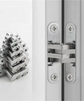 2 Pack Heavy Duty Invisible Door Hinges Crafted From Tough 304 Stainless Steel For A Rust Resistant Build That Pulls Off A Slick Modern Look While Delivering Dang Solid Performance Indoors displayed with stacked hinges and mounted example.