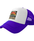 I Hate Pulling Out Funny Camper RV Camping Trailer Mesh Trucker Hat with purple brim and white front panel