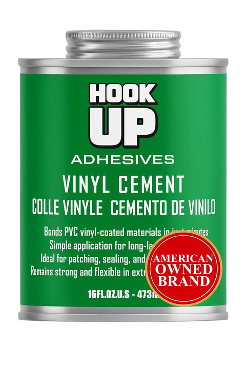 Hook Up Adhesives can of Heavy Duty Vinyl Contact Cement Adhesive Waterproof Fast Dry Glue For Pools Inflatables PVC Air Mattresses Tarps Boats Rafts And Upholstery Strong Bond 16 Oz For Outdoor Repairs And PVC Piping with American Owned Brand label