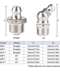 10 Pcs M6x1 45 Degree Grease Fittings Kit Stainless Steel Heavy Duty Replacement with size chart for machinery and cars