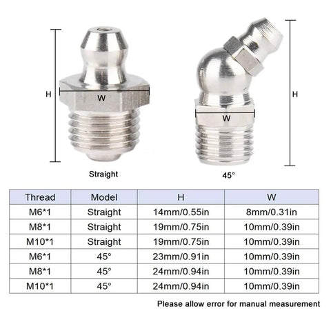 10 Pcs M6x1 45 Degree Grease Fittings Kit Stainless Steel Heavy Duty Replacement with size chart for machinery and cars