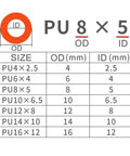 Top Shelf Slick Flow Polyurethane Tubing 12 X 8 Mm Orange Air Hose Pipe For Compressors Flexible Pneumatic Tube sizing chart.