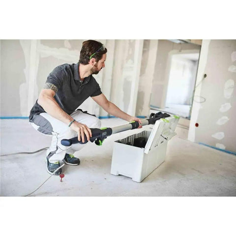 Person using PLANEX LHS 2 225 EQI Plus Drywall Sander With LED Ring Light Arm Friendly Adjustable Suction Power Self Weight