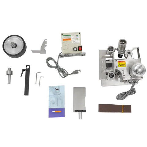 Real Deal 750W Belt Sander Polisher With Brushless Motor, 915X50mm Sanding Strip, detailed components including motor and attachment tools.