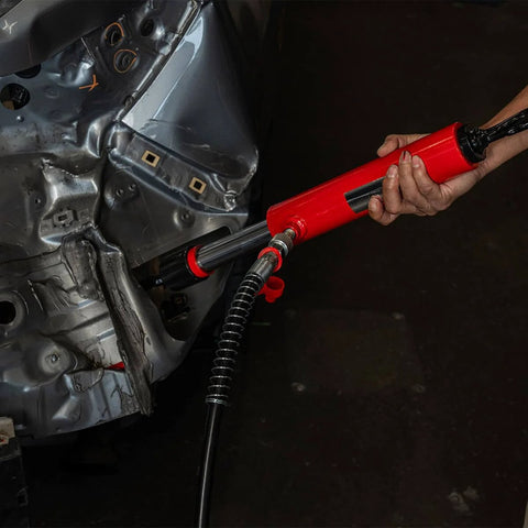 Close-up of 26 Inch Long 10 Ton Hydraulic Pull Back Ram for Porta Power Frame Machine with Rotating Hook in use for auto body repair.