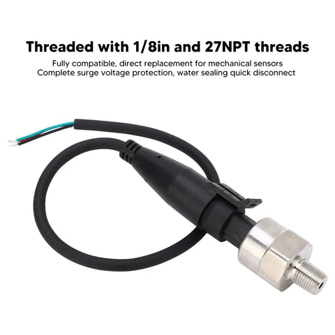 Stainless Steel Pressure Transducer For Zero To Twenty MPa With One Eighth Inch NPT Port And Five Tenths To Four And A Half Volt Output Water And Oil Compatible Sensor Built To Last That Directly Replaces Mechanical Gauges In Liquid Systems