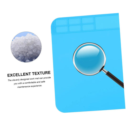 Heavy Duty Silicone Soldering Mat Heat Resistant Workbench Repair Pad For Phones Tablets PC And Watches, blue mat with magnifying glass.