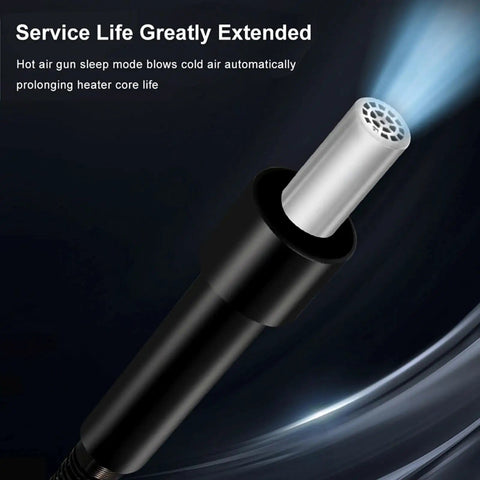 Close-up of Pro Grade High Power 580W Digital Hot Air Rework Station nozzle with light effect, highlighting durable design.