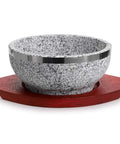 Dolsot Bibimbap Bowl 32 Oz Granite Stone Bowl With Wood Base For Korean Soup Rice And Stew Keeps Food Hot And Flavorful With Natural Heat Retention Durable Stone Pot with a wooden base.