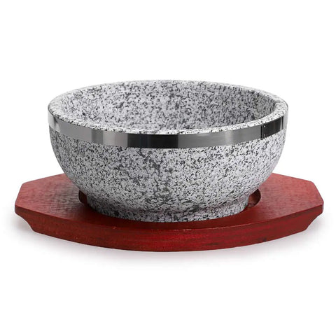 Dolsot Bibimbap Bowl 32 Oz Granite Stone Bowl With Wood Base For Korean Soup Rice And Stew Keeps Food Hot And Flavorful With Natural Heat Retention Durable Stone Pot with a wooden base.