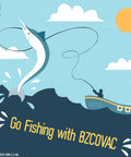 Promotional illustration for BZCOVAC Go Fishing: boat with fisherman and a jumping marlin in blue waves.