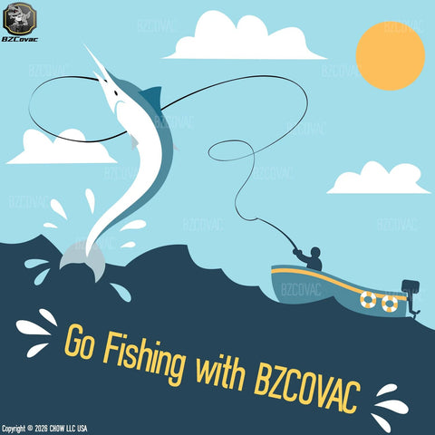 Promotional illustration for BZCOVAC Go Fishing: boat with fisherman and a jumping marlin in blue waves.